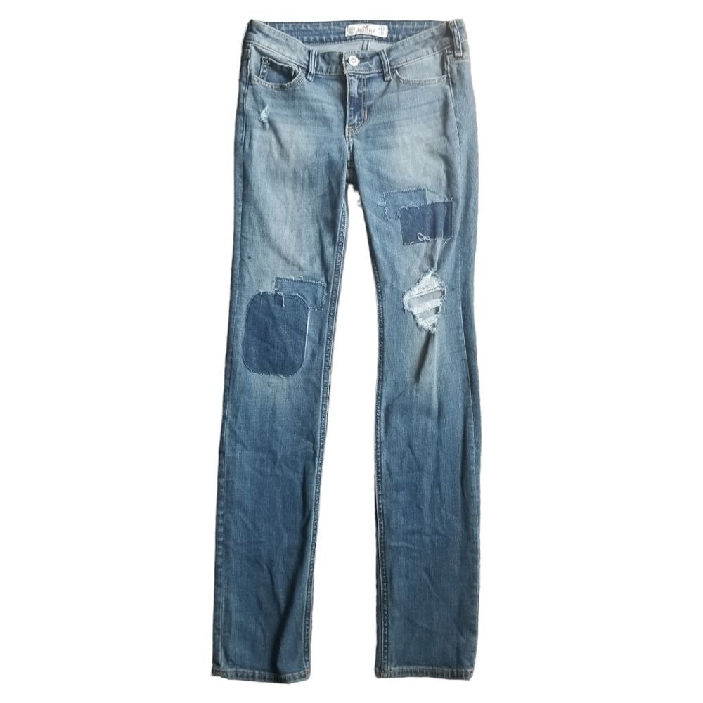 Hollister Patchwork Distressed Straight Leg Denim Medium Blue Jean's Size 00R